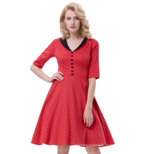 Belle Poque Retro Vintage Half Sleeve Lapel Collar Red Dress Black Polka Dots Cotton Party Swing Dress BP000258-1